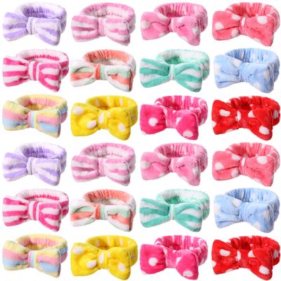 WILLBOND 24 Pack Spa Headband Bow Hair Band Facial Makeup Headband Women Face Wash Headband Adjustable Skincare Headbands Flannel Towel Soft Head Wraps for Women Shower Washing Face(Vivid Pattern)