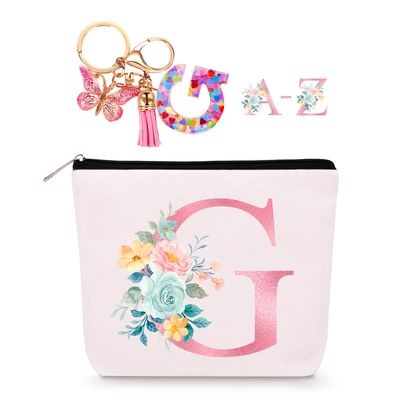 Personalized Makeup Bag with Initial Keychain, Custom Travel Initial Makeup Bag, Birthday Gifts for Women Girl Bridesmaid Teens Teacher, Monogram Small Cosmetic Toiletry Bag, Valentines Day Gifts (G)