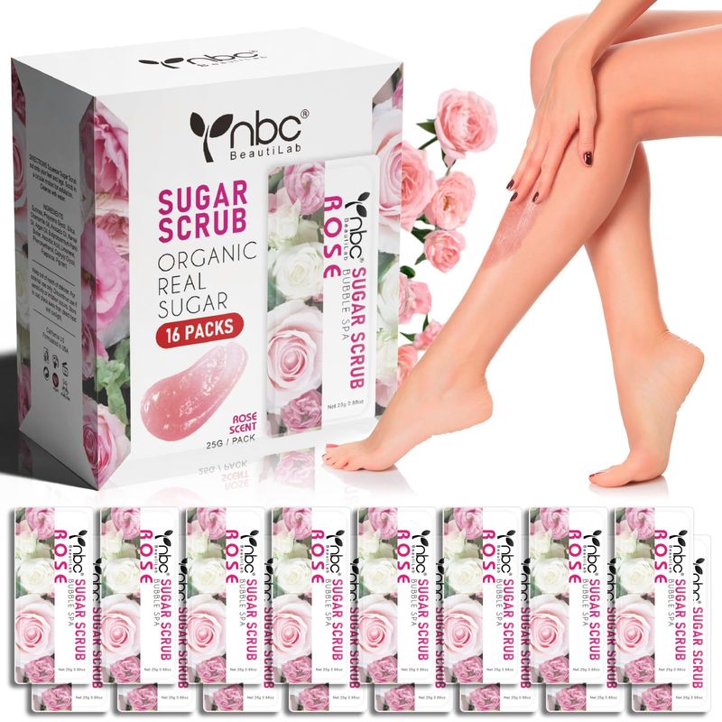 nbc BeautiLab Foot Exfoliating Scrub, Sugar Scrub, Dead Skin Remover for Feet, Individually Packaged Foot Scrub Smooths, Hydrates, Detoxifies Tired and Dry Cracked Feet 16 Packs per Box, Rose