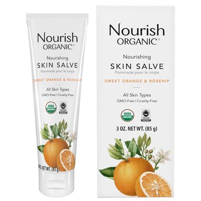 Nourish Organic Skin Salve, Sweet Orange &amp; Rosehip - Nourishing Body Lotion with Coconut Oil, Shea Butter &amp; Cocoa Butter, 3.7 Oz + Washable Cotton Round.