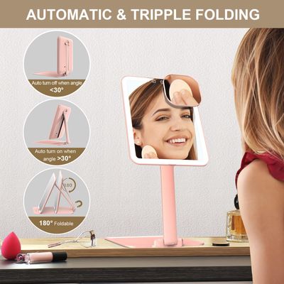 Mocado Travel Makeup Mirror with Light - 7x5 inches Tripple Folding Travel Mirror with Light, 3 Colors Lighted Makeup Mirror, Portable Makeup Mirror with Light, Freely Adjust Height and Angle(Pink)