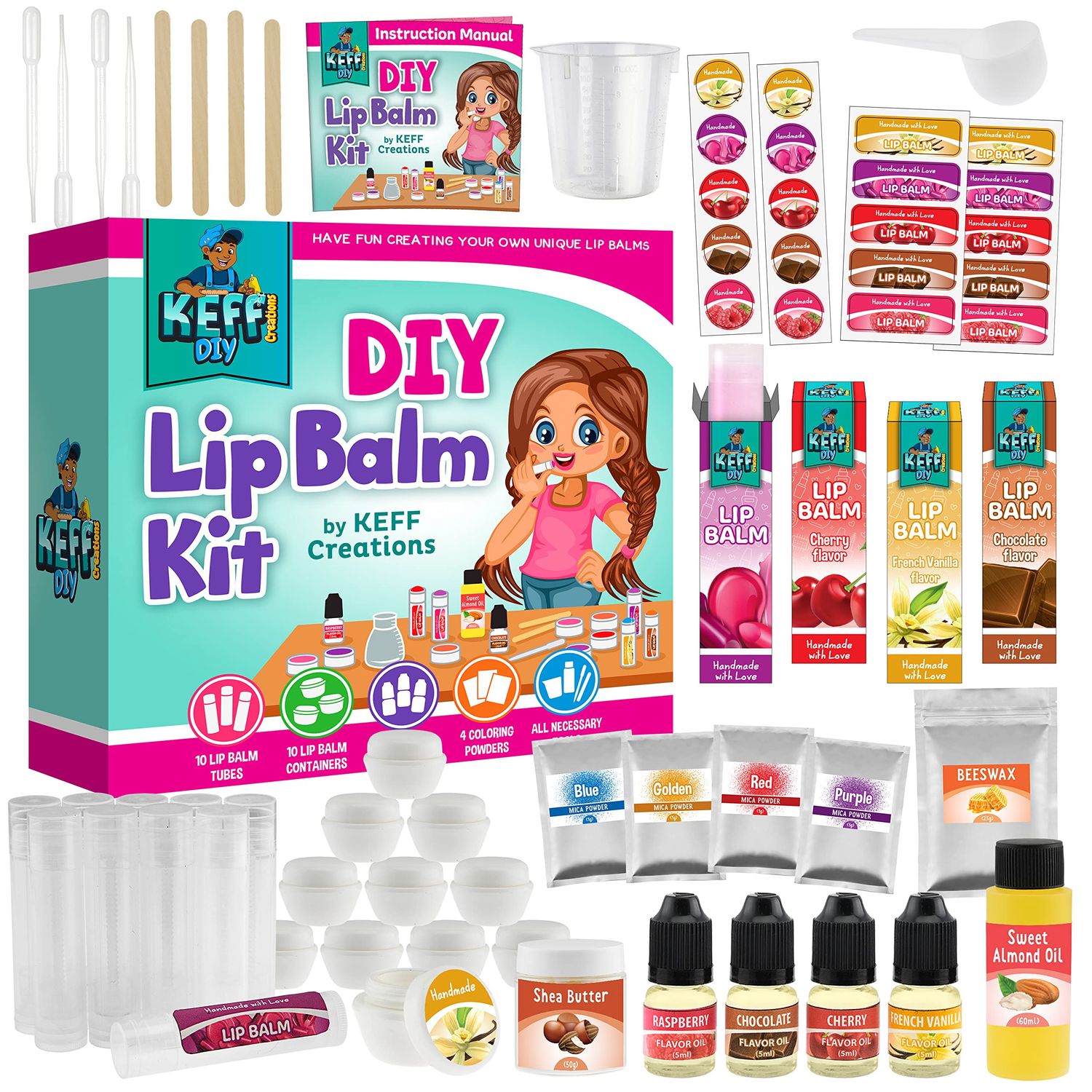 KEFF 51Pcs Lip Balm Making Kit - DIY Lip Balm Set for Teens with Natural Ingredients - Make Your Own Lip Gloss &amp; Lip Balm for Kids Makeup Kit with Beeswax, Shea Butter, Flavor Oils, Mica Color Powders