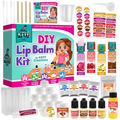 KEFF 51Pcs Lip Balm Making Kit - DIY Lip Balm Set for Teens with Natural Ingredients - Make Your Own Lip Gloss &amp; Lip Balm for Kids Makeup Kit with Beeswax, Shea Butter, Flavor Oils, Mica Color Powders