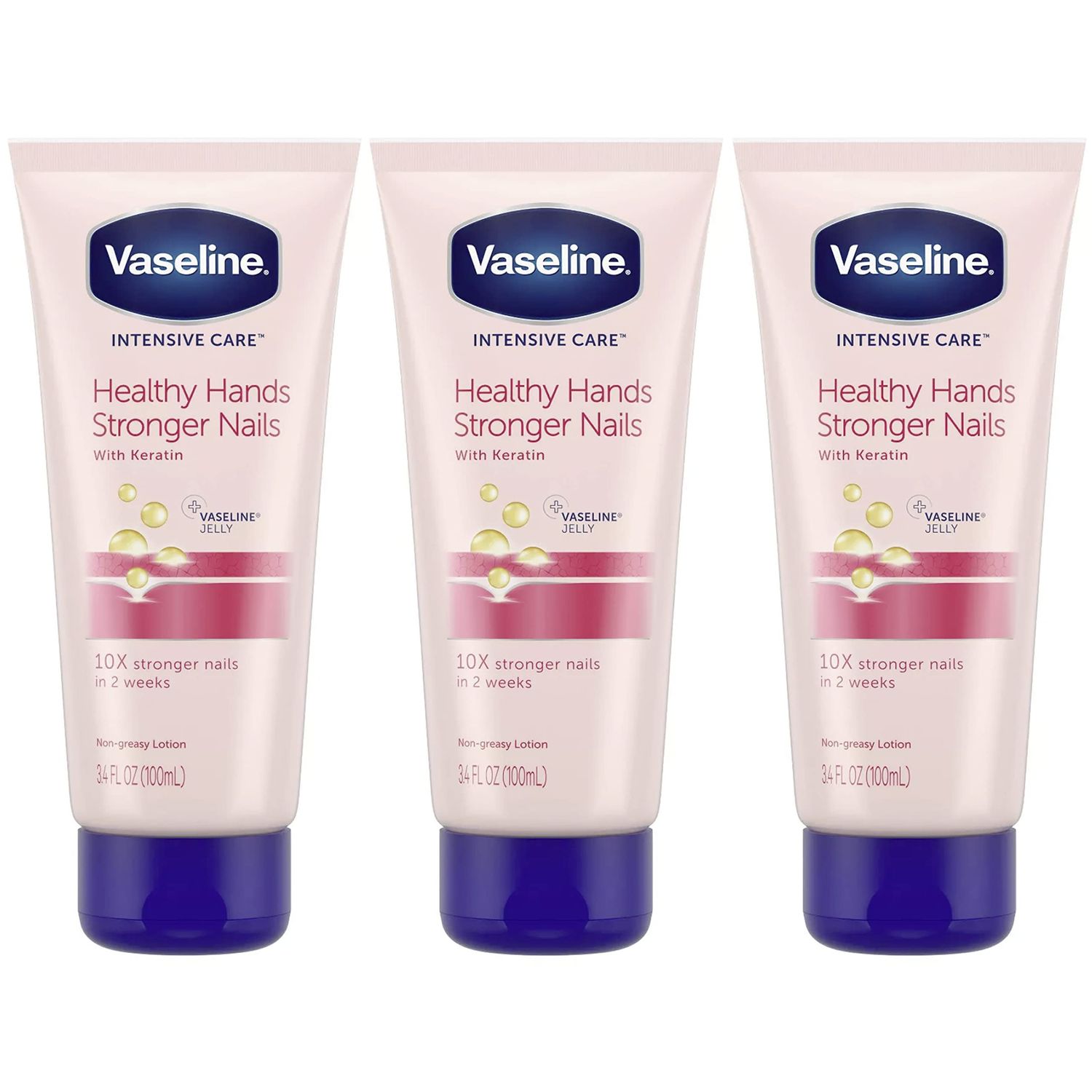 Vaseline Intensive Care Healthy Hands Stronger Nails Lotion with Keratin, Vitamin E, Moisturize Skin &amp; Cuticles, Unscented Lotion, 3.4 Fl Oz (Pack of 3)