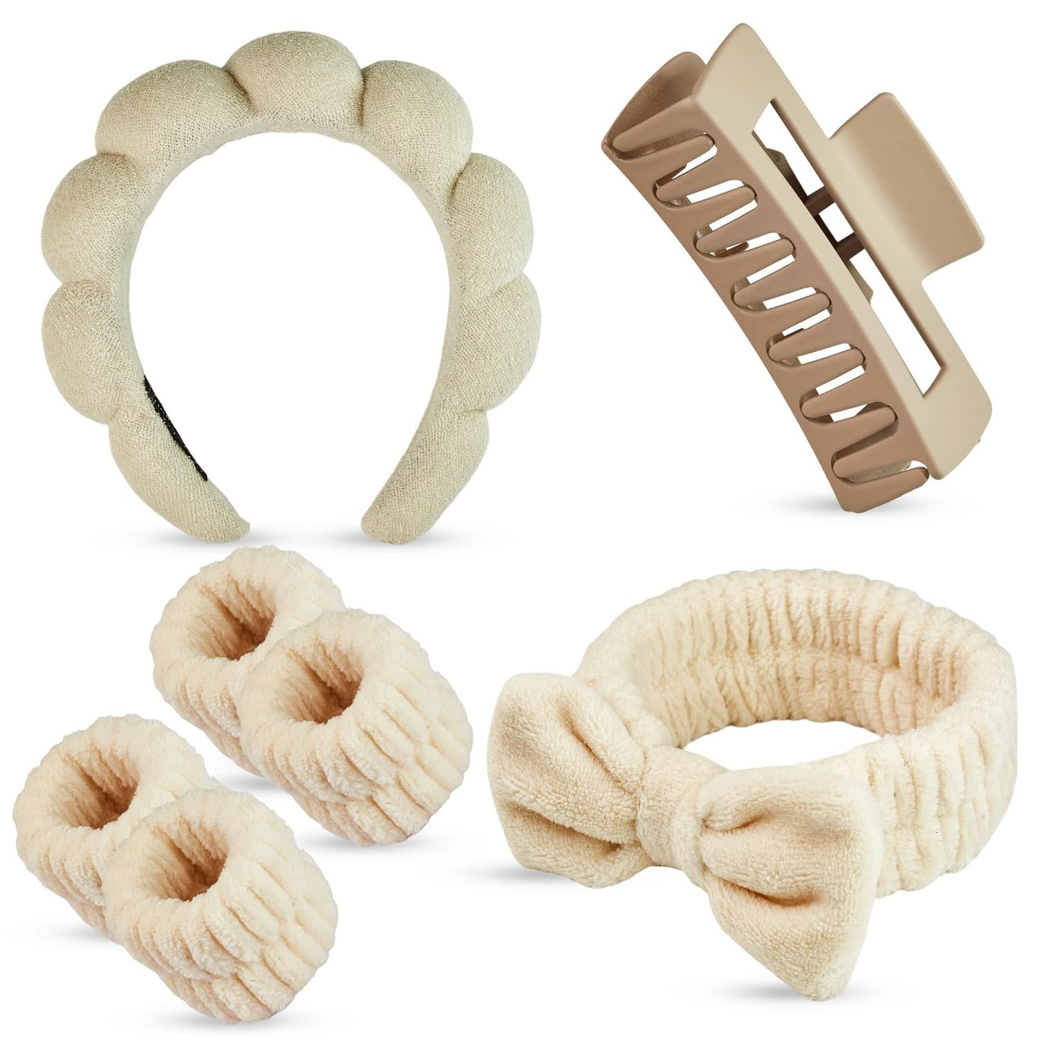 Yaqulen 7 Pcs Spa Set, Facial Headband, Spa Headband and Wristband Set, Skincare Headband, College Style Girl Gift, Hair Accessories for Women and Girls (Khaki)