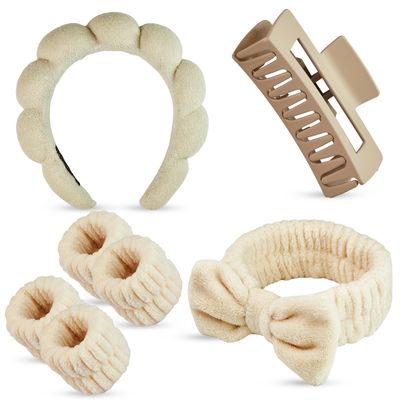 Yaqulen 7 Pcs Spa Set, Facial Headband, Spa Headband and Wristband Set, Skincare Headband, College Style Girl Gift, Hair Accessories for Women and Girls (Khaki)