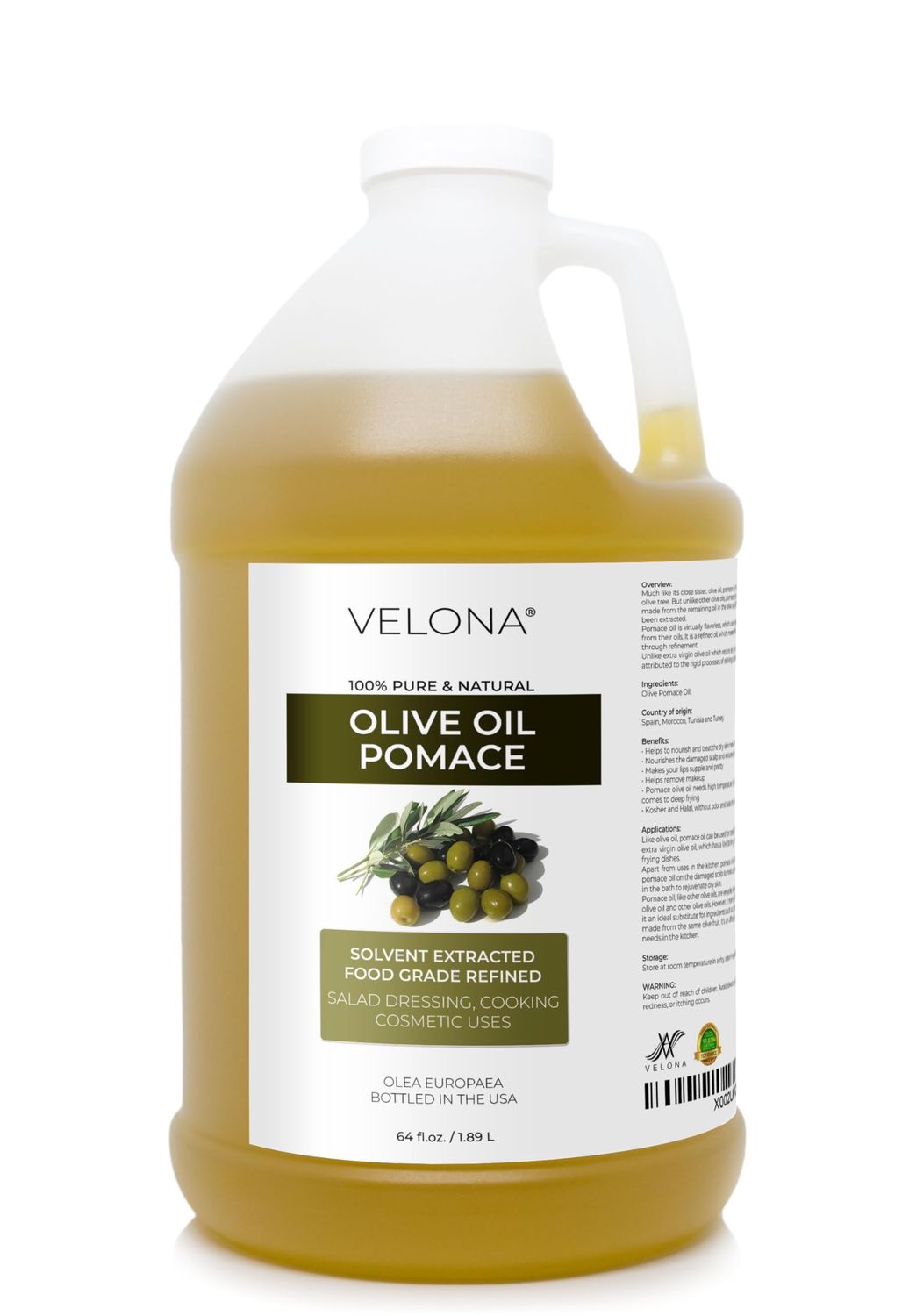 velona Olive Pomace Oil 64 Fl Oz | 100% Pure and Natural Carrier Oil | Refined | Cooking, Skin, Hair, Body &amp; Face Moisturizing | Use Today - Enjoy Results