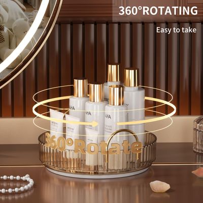 YCIA&DONE 360 Rotating Makeup Organizer and Storage for Vanity Countertop 1 Tier, High Capacity Cosmetic Skincare Perfume Organizer for Dresser Bathroom Fridge Lazy Susan Organizer(Amber Gold)