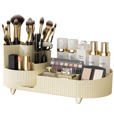 YCOCO Rotating Makeup Organizer,Large Capacity Cosmetic Display Cases,Can Hold 20 Makeup Brushes and Eyeliner,10 Lipsticks,8 Skincare Products,Makeup Brush Skincare Organizers Holder