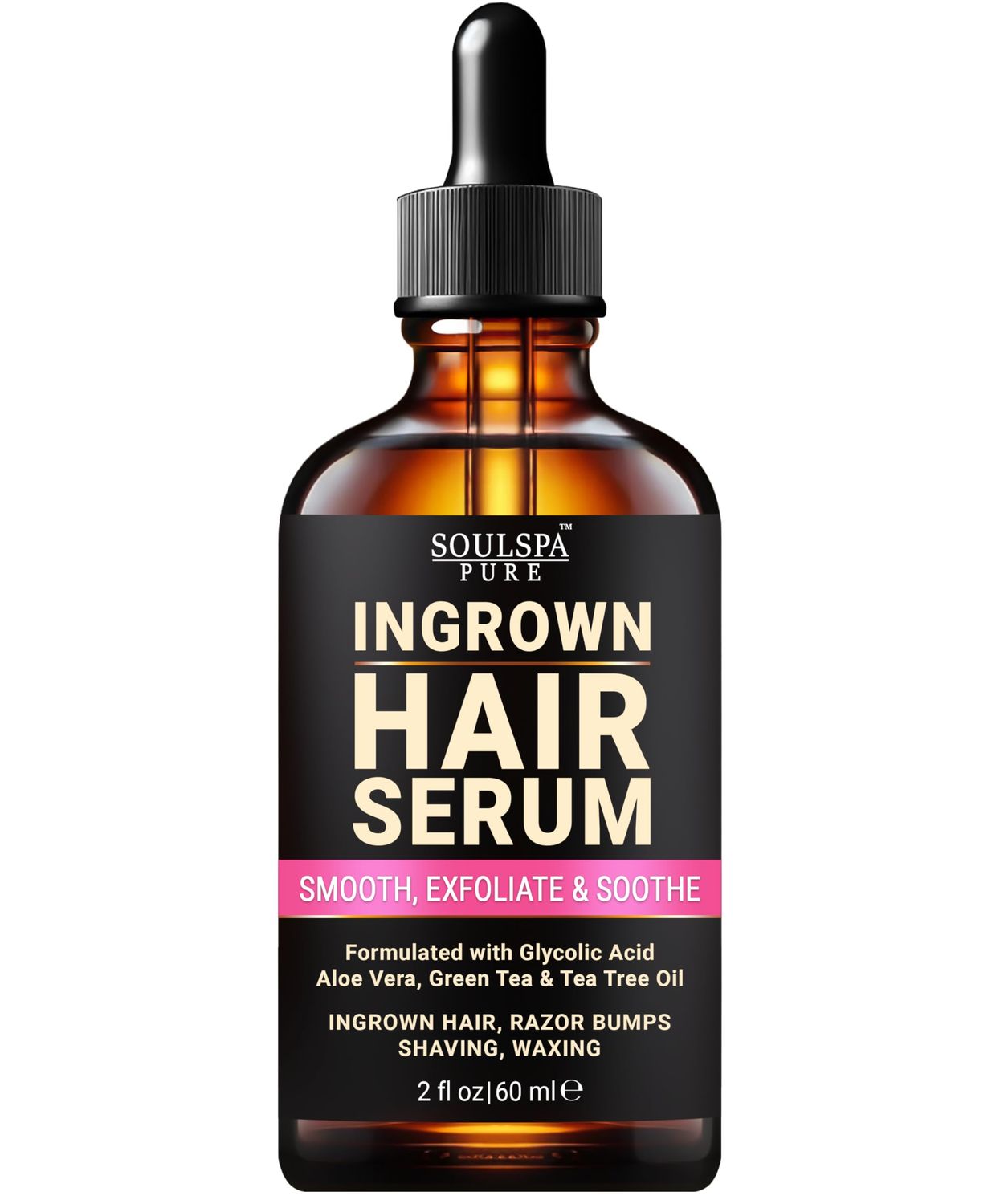 SOULSPA PURE Ingrown Hair Serum - Powerful Razor Bump Treatment for Bikini Area, Face &amp; Brazilian Wax - Ingrown Hair Oil That Soothes, Exfoliates &amp; Nourishes - 2 fl oz