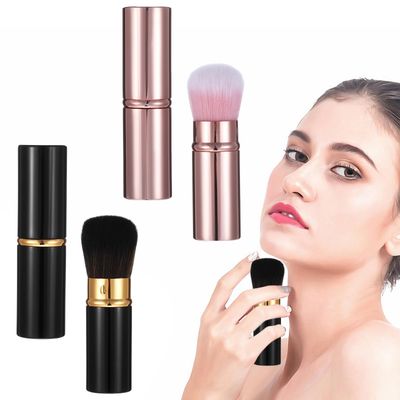 PEOVLVN 2 Pieces Travel Makeup Brushes, Retractable Blusher Brush with Cover Kabuki Foundation Brush Extensible Makeup Brush for Women Liquid Cream Foundation Concealer Blush Brush (Gold, Black)