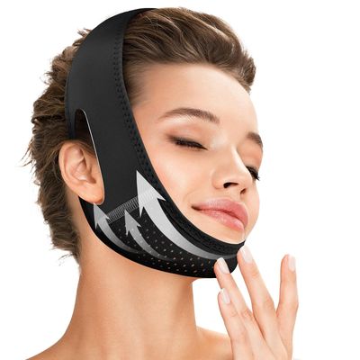 Juskaa Reusable V Line Lifting Mask with Chin Strap for Sleeping,Face Lift Prevent Sagging, Jaw Exerciser,Black,M