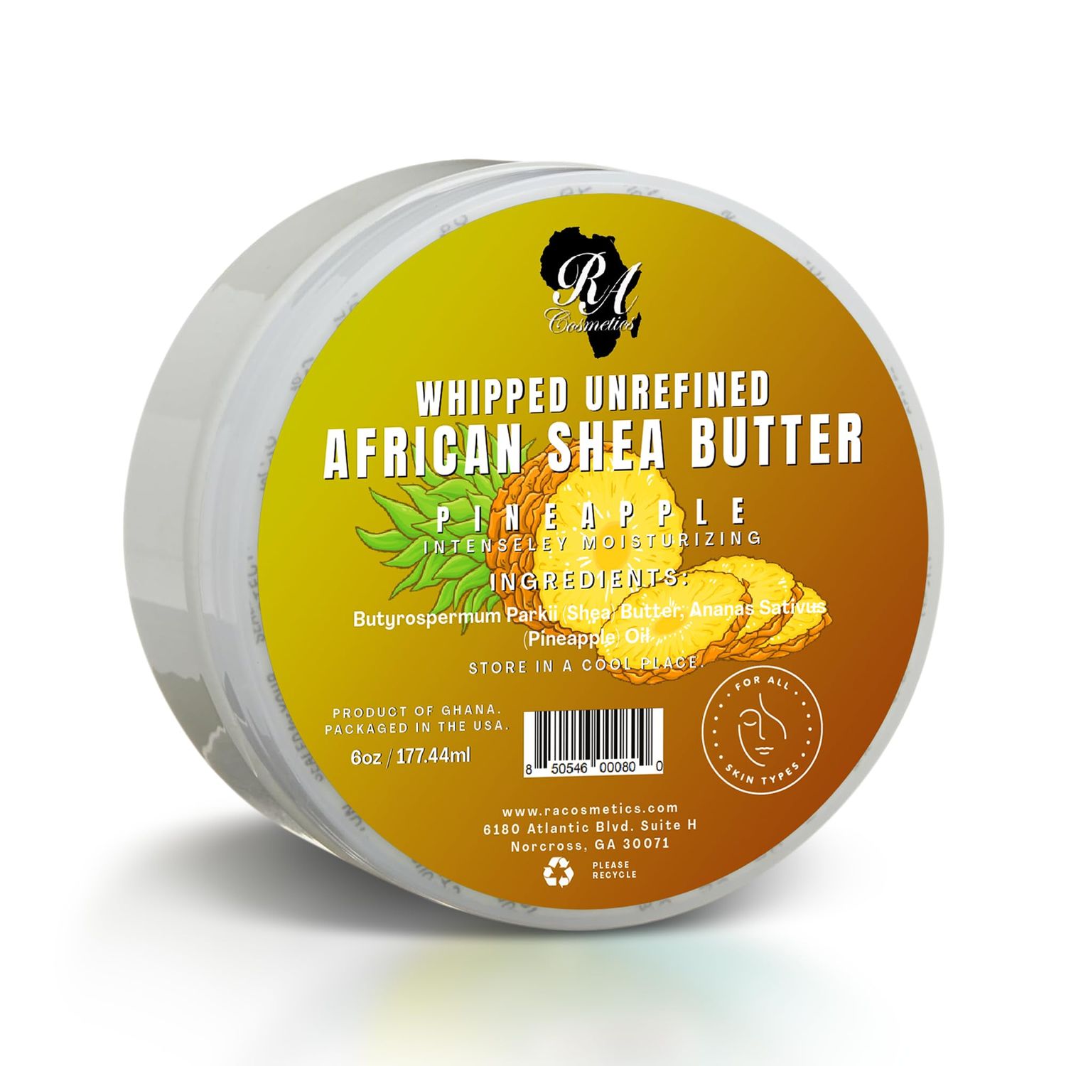 RA COSMETICS Whipped Shea Butter Pineapple - 6oz | 100% Pure &amp; Natural African Shea Butter for Men &amp; Women - Ultimate Handcrafted Moisturizer with Essential Vitamins for Radiant Skin