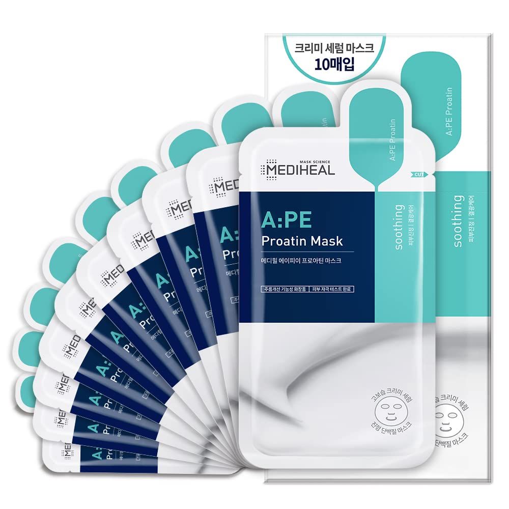 Mediheal A: PE Proatin Sheet Mask, Pack of 10, Soothing and Strengthening Skin Barrier Face Mask with Amino Acid and Latobacillus, High Moisture Creamy Essence, Calms Irritated and Sensitive Skin