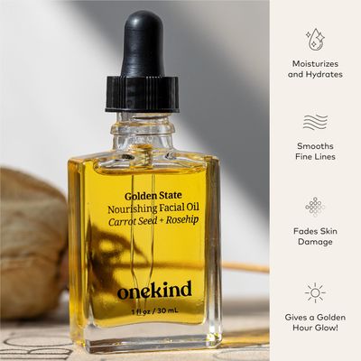 Onekind Golden State All-Natural Nourishing Facial Oil, Non-Comedogenic, Anti Aging Botanical Face Oil with Sea Buckthorn Extract, Rosehip, Carrot Seed and Apricot Oil for Skincare and Guasha, 1 Ounce