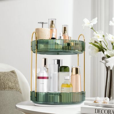 LuxMethod 360-Degree Rotating Makeup Organizer, Cosmetic Storage Display Case for Bathroom Vanity Countertop, Skincare and Perfume Storage Organizers, Jewelry Dresser Organizer, 2-Tier, Green