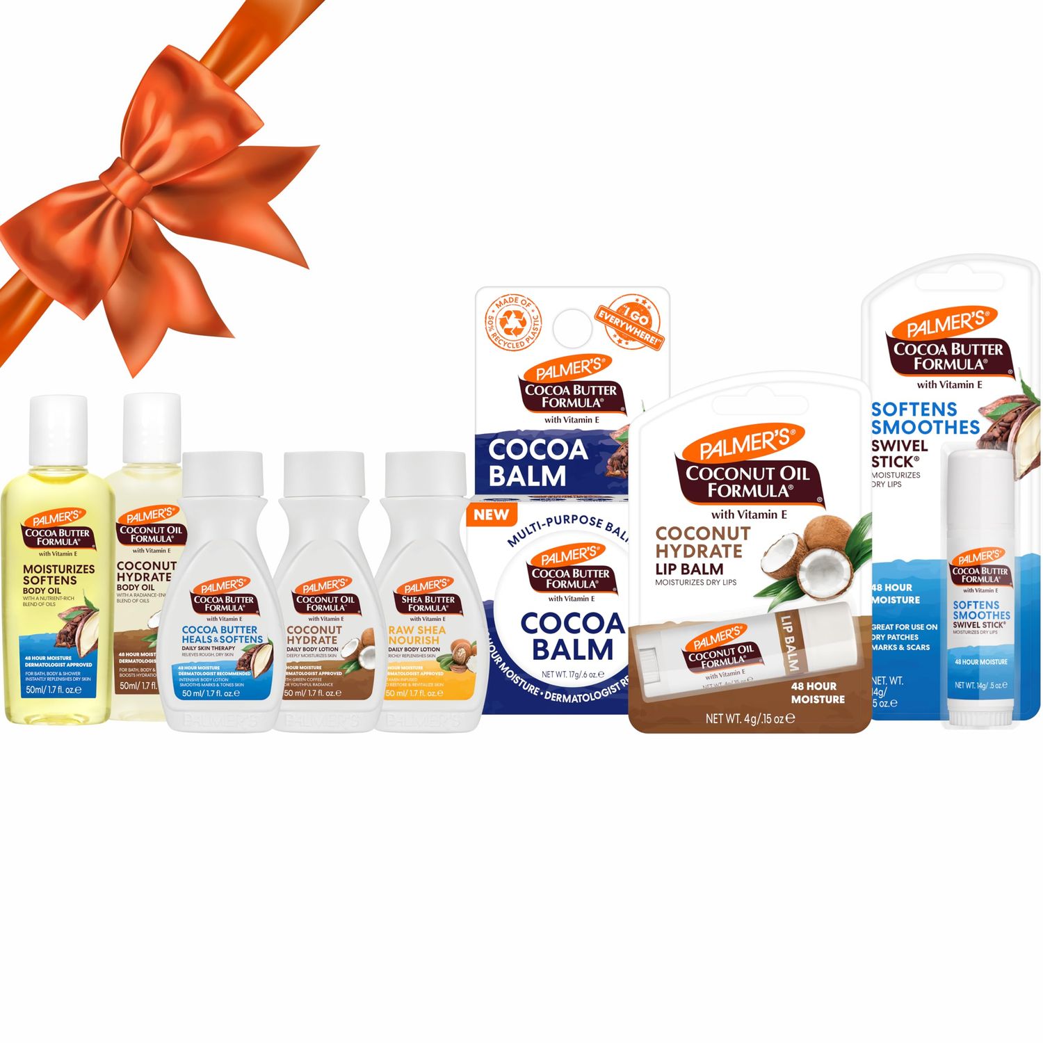 Palmer&#39;s Coconut Oil, Shea Butter, Cocoa Butter Formula Mini Stocking Stuffer Bundle (8 Piece) - Moisturizing Body Oil, Body Lotion, Cocoa Balm, Swivel Stick &amp; Lip Balm, Hydrating Skin Care