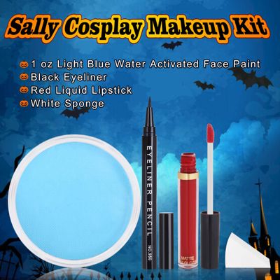 Paminify 4 Pcs Sally Makeup Kit,Corpse Bride SFX Halloween Makeup Kit,Sally Face Costume Women Christmas Cosplay,Water Activated Light Blue Face Body Paint+Eyeliner+Liquid Lipstick+Sponge