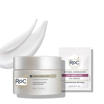 RoC Derm Correxion Neck Cream with Hyaluronic Acid and Advanced Retinol, Facial Moisturiser to Contour Face, Neck + Jaw, Stocking Stuffers for Men &amp; Women, (1.7 oz) with Retinol Packette