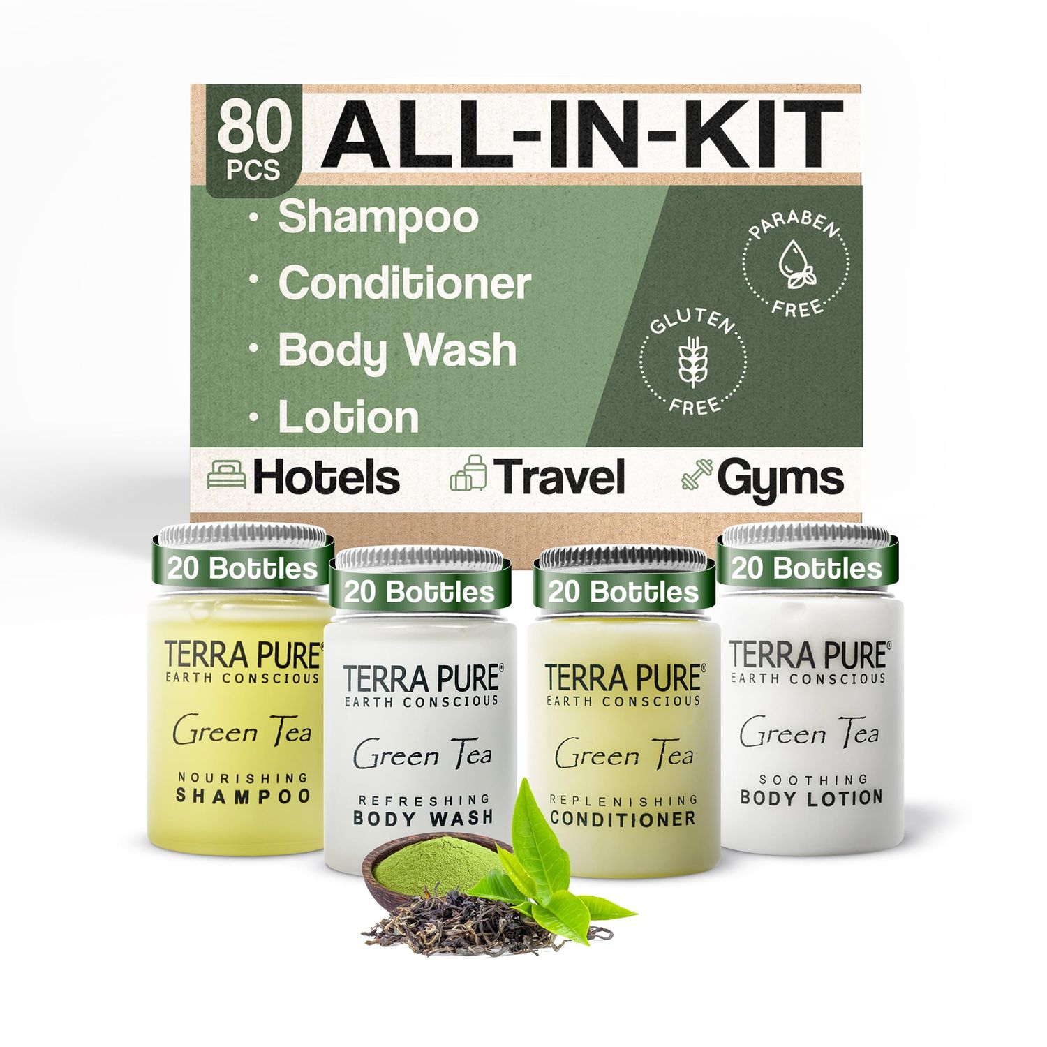 Terra Pure Green Tea 1.0 oz. Toiletries Set | 1-Shoppe All-In-Kit Amenities For Hotels, Airbnb &amp; Rentals | Hotel Shampoo &amp; Conditioner, Body Wash, Body Lotion | 80 Piece Travel Set