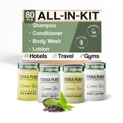 Terra Pure Green Tea 1.0 oz. Toiletries Set | 1-Shoppe All-In-Kit Amenities For Hotels, Airbnb &amp; Rentals | Hotel Shampoo &amp; Conditioner, Body Wash, Body Lotion | 80 Piece Travel Set