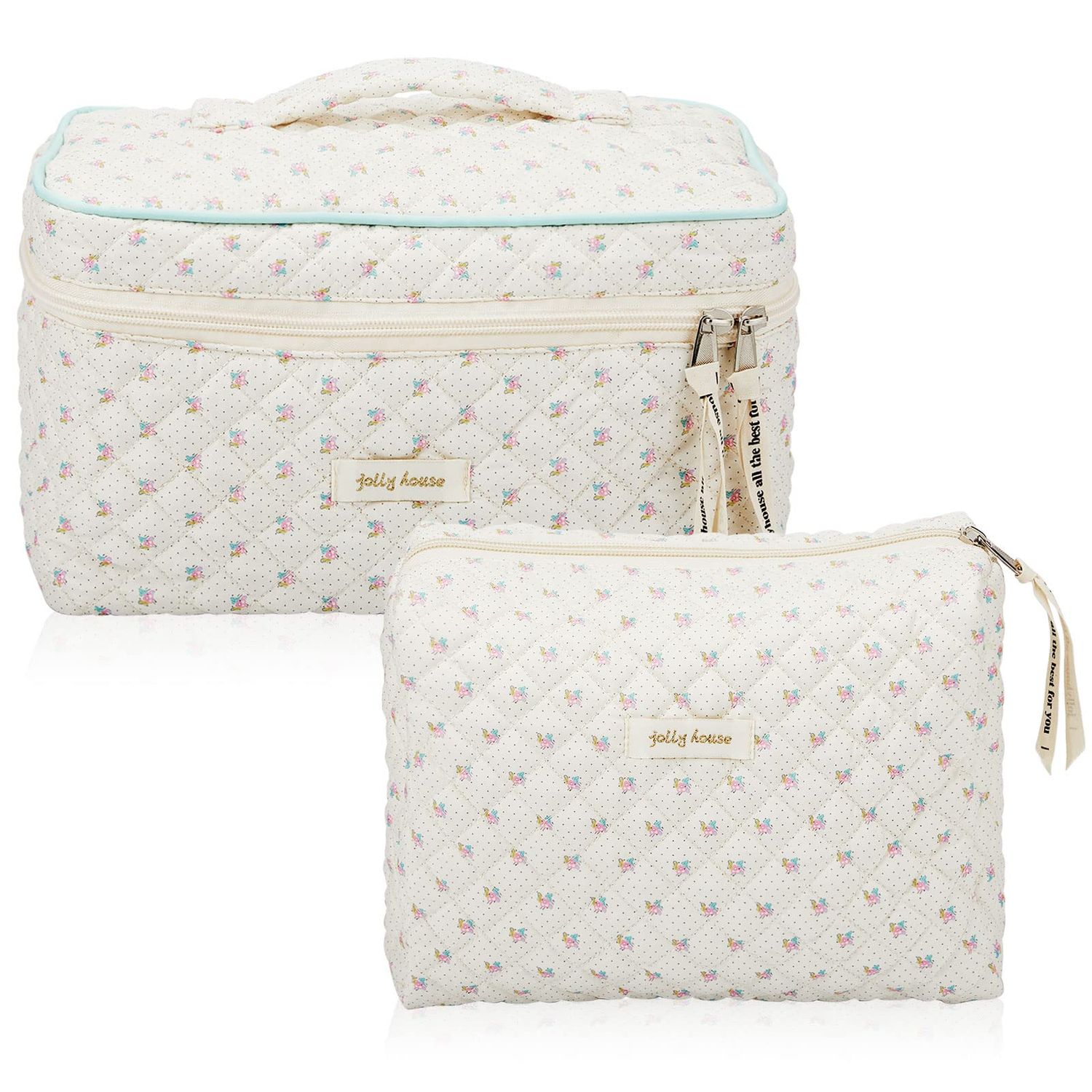 Zeyune 2 Pcs Cotton Quilted Makeup Bag, Large Travel Coquette Cosmetic Bag, Aesthetic Cute Floral Cherry Peony Toiletry Organizer skincare Bag for Women (Floral Style)