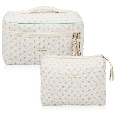 Zeyune 2 Pcs Cotton Quilted Makeup Bag, Large Travel Coquette Cosmetic Bag, Aesthetic Cute Floral Cherry Peony Toiletry Organizer skincare Bag for Women (Floral Style)