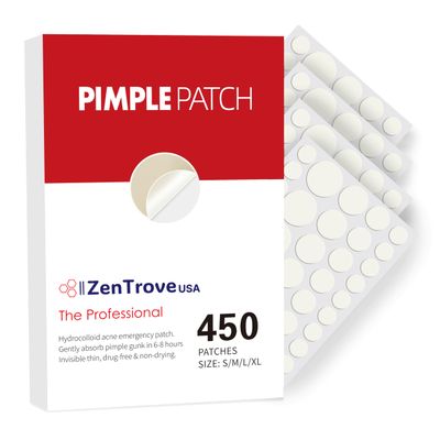 ZenTroveUSA 450 Pimple Patches for Face, 4 Size Acne Patches, Hydrocolloid Patches for Covering Zits and Blemishes, Spot Stickers with Salicylic Acid, Glycolic Acid, Tea Tree Oil and Calendula Oil