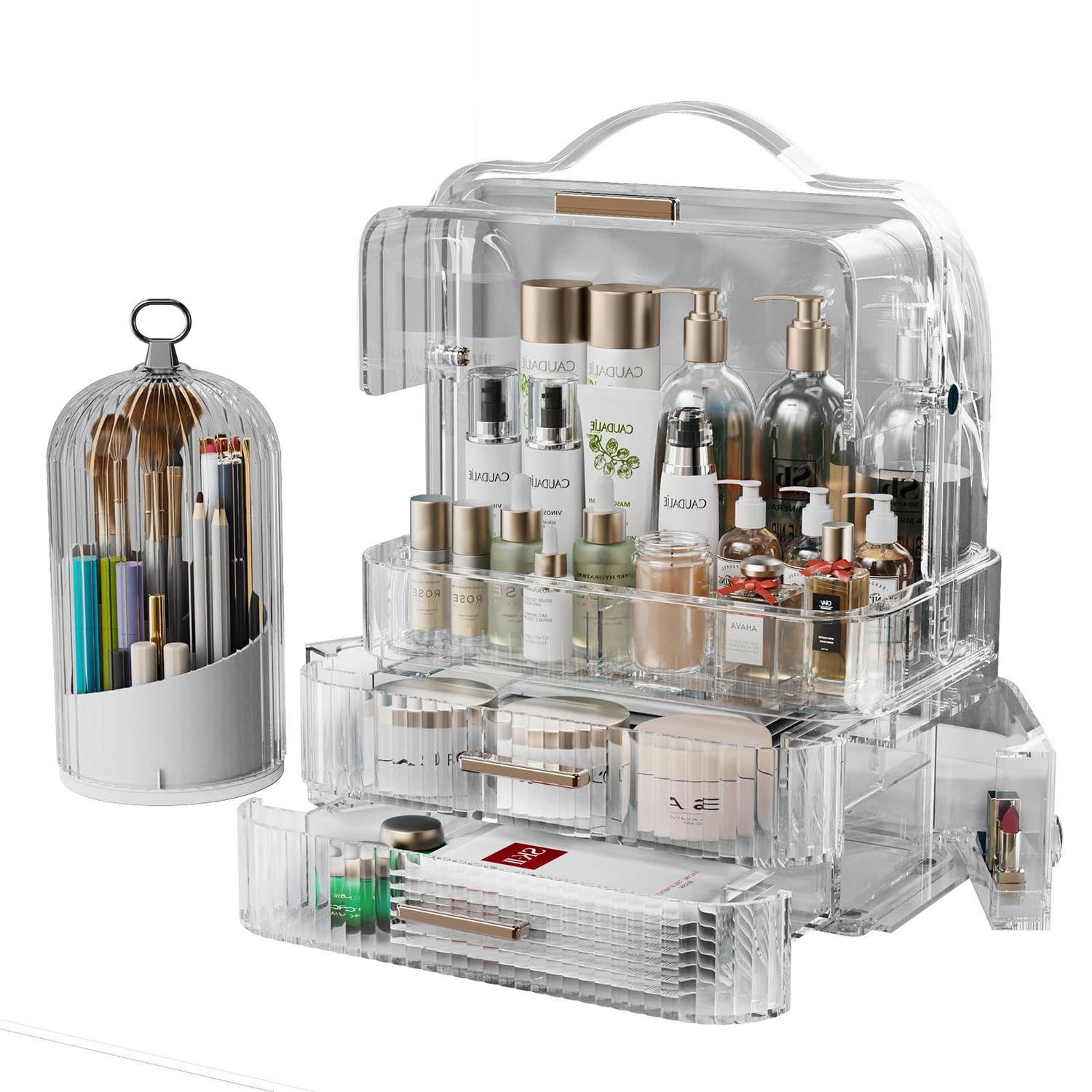 Makeup Organizers Skincare organizers with 2-Layer Box and Transparent Cover Waterproof Dustproof Cosmetics Display Cases with Brush Holder for Vanity Countertop Bathroom Dresser Bedroom(Clear)