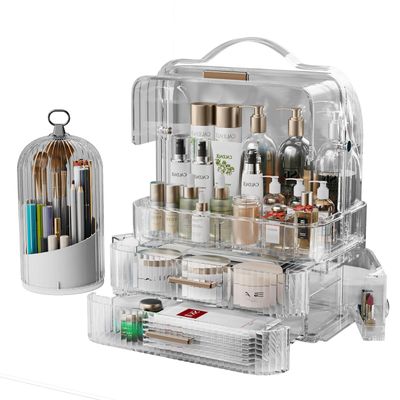 Makeup Organizers Skincare organizers with 2-Layer Box and Transparent Cover Waterproof Dustproof Cosmetics Display Cases with Brush Holder for Vanity Countertop Bathroom Dresser Bedroom(Clear)