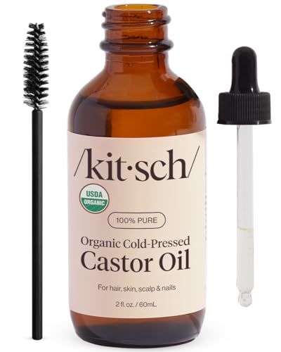 Kitsch Organic Castor Oil, 100% Pure, Cold Pressed Unrefined Glass Bottle, Castor Oil For Hair Growth, Face, Eyelashes, Eyebrows, Scalp and Nails, Skin Moisturizer, Hexane Free, USDA Organic 2oz