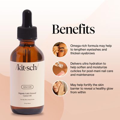 Kitsch Organic Castor Oil, 100% Pure, Cold Pressed Unrefined Glass Bottle, Castor Oil For Hair Growth, Face, Eyelashes, Eyebrows, Scalp and Nails, Skin Moisturizer, Hexane Free, USDA Organic 2oz