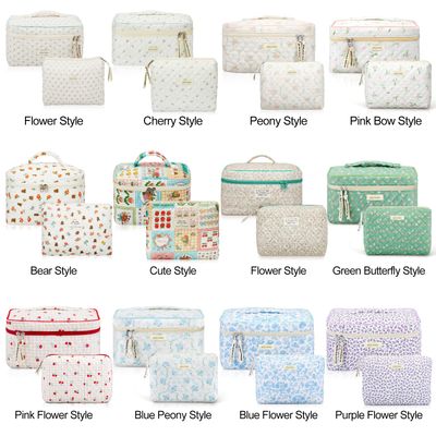 Zeyune 2 Pcs Cotton Quilted Makeup Bag, Large Travel Coquette Cosmetic Bag, Aesthetic Cute Floral Cherry Peony Toiletry Organizer skincare Bag for Women (Floral Style)