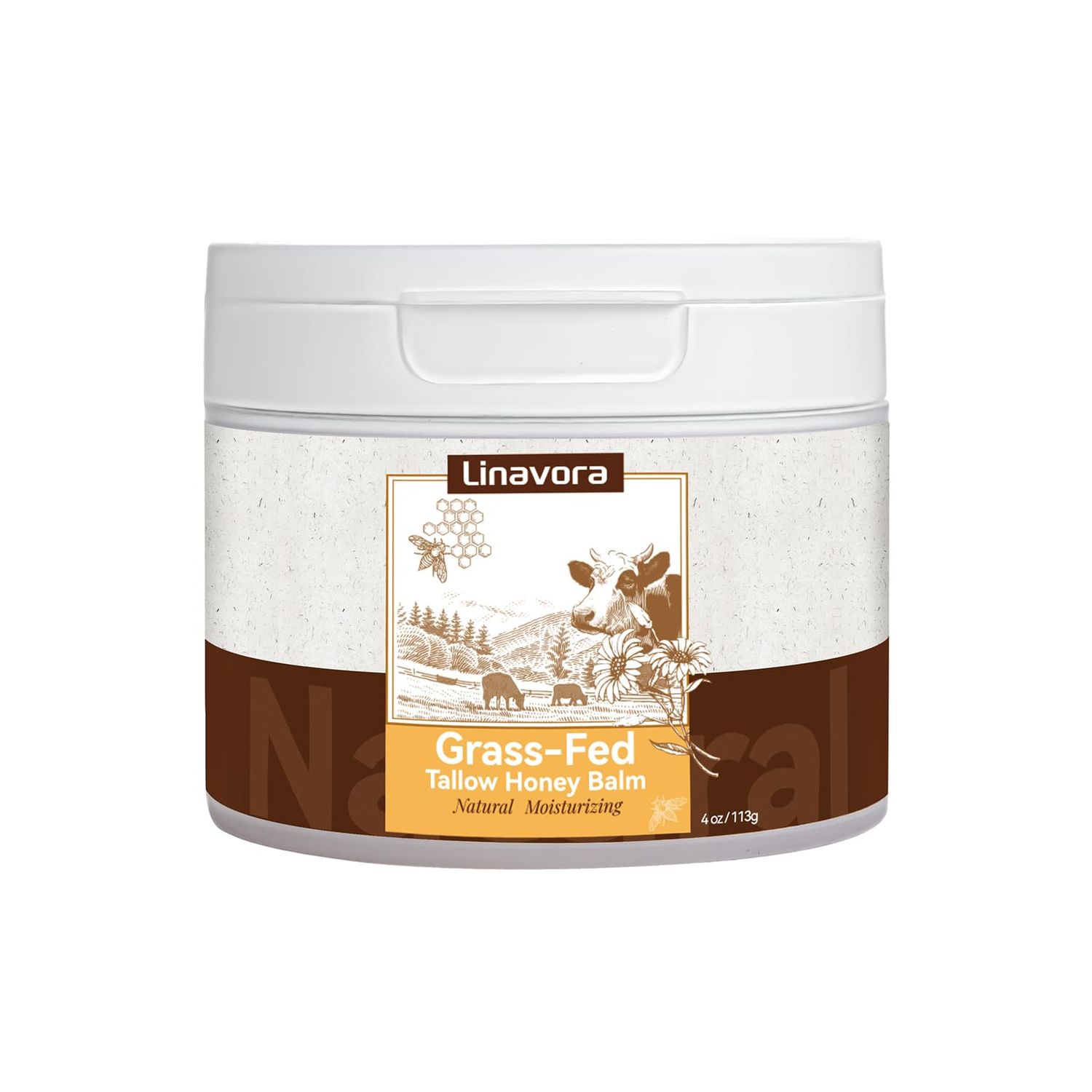 Linavora Tallow and Honey Balm - Natural Moisturizer with Grass-Fed Beef Tallow for Skin, Honey, Vitamin E - Unscented, 4oz - Ideal for Face &amp; Body Care