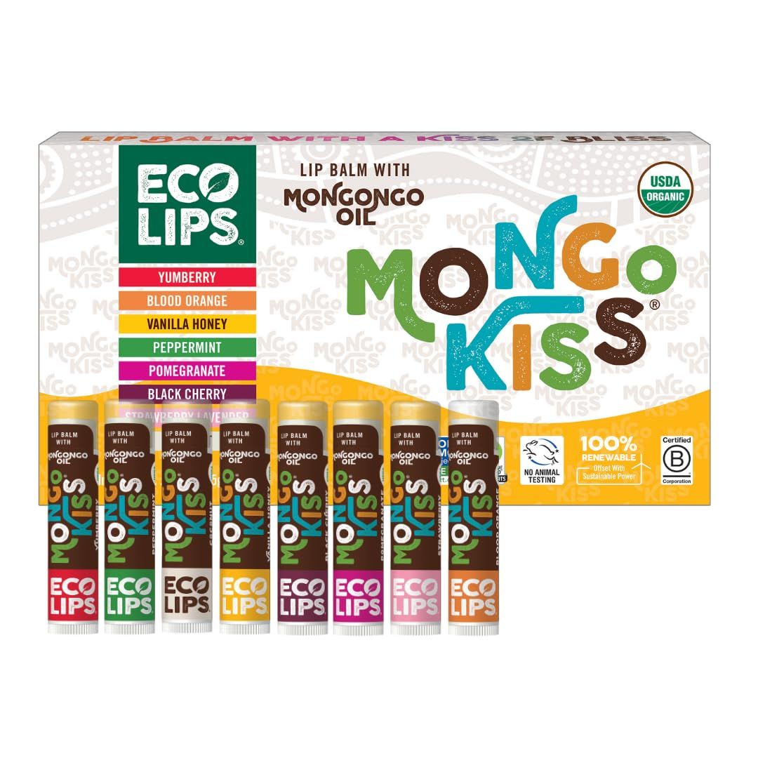 Mongo Kiss USDA Organic Lip Balm Set 8-pack (0.15 oz. each) with Mongongo Oil &amp; Cocoa Butter to Moisturize Chapped Lips | Made in USA by Eco Lips (Variety)