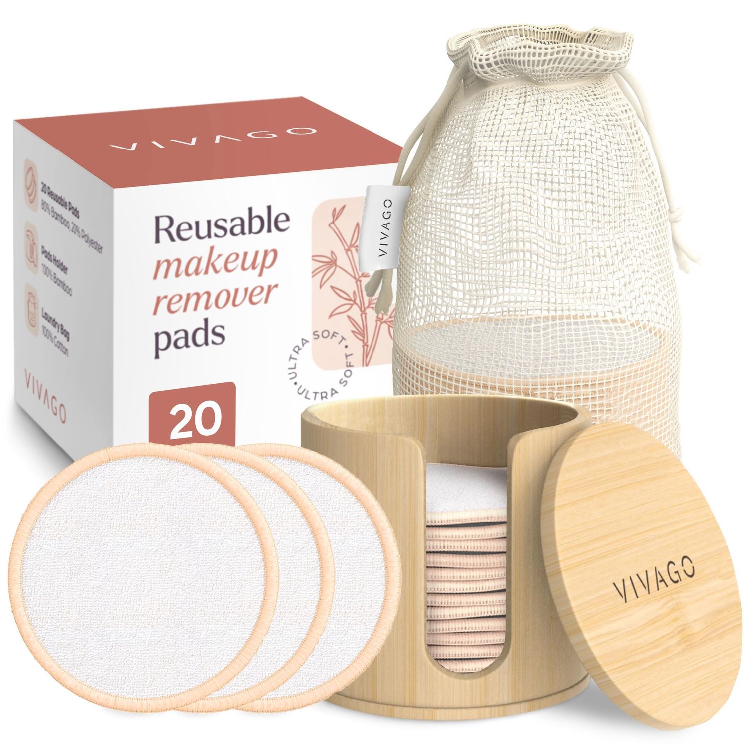 VIVAGO Reusable Cotton Rounds for Face - (20 Pack) Soft Reusable Makeup Remover Pads with Washable Drawstring Laundry Bag &amp; Bamboo Holder - All Skin Type Skincare Set Facial Cleaning Cloth