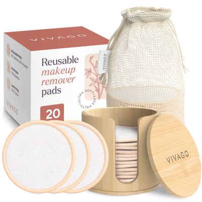 VIVAGO Reusable Cotton Rounds for Face - (20 Pack) Soft Reusable Makeup Remover Pads with Washable Drawstring Laundry Bag &amp; Bamboo Holder - All Skin Type Skincare Set Facial Cleaning Cloth