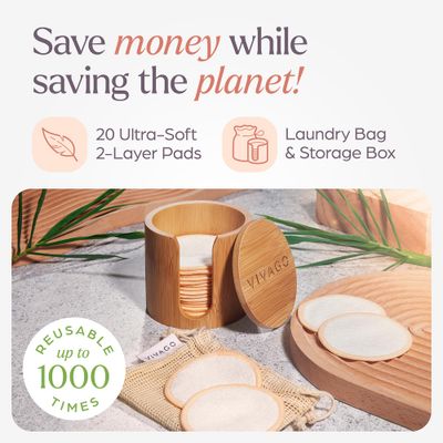 VIVAGO Reusable Cotton Rounds for Face - (20 Pack) Soft Reusable Makeup Remover Pads with Washable Drawstring Laundry Bag &amp; Bamboo Holder - All Skin Type Skincare Set Facial Cleaning Cloth