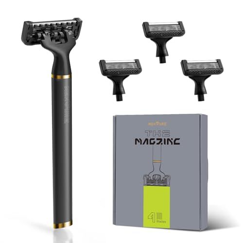 Mensure Razors for Men - Shaving Kit for Men, Magnetic Assembly Design, Precision 6-layer Blade, Lubricating Strips, 4 Refills (Black)