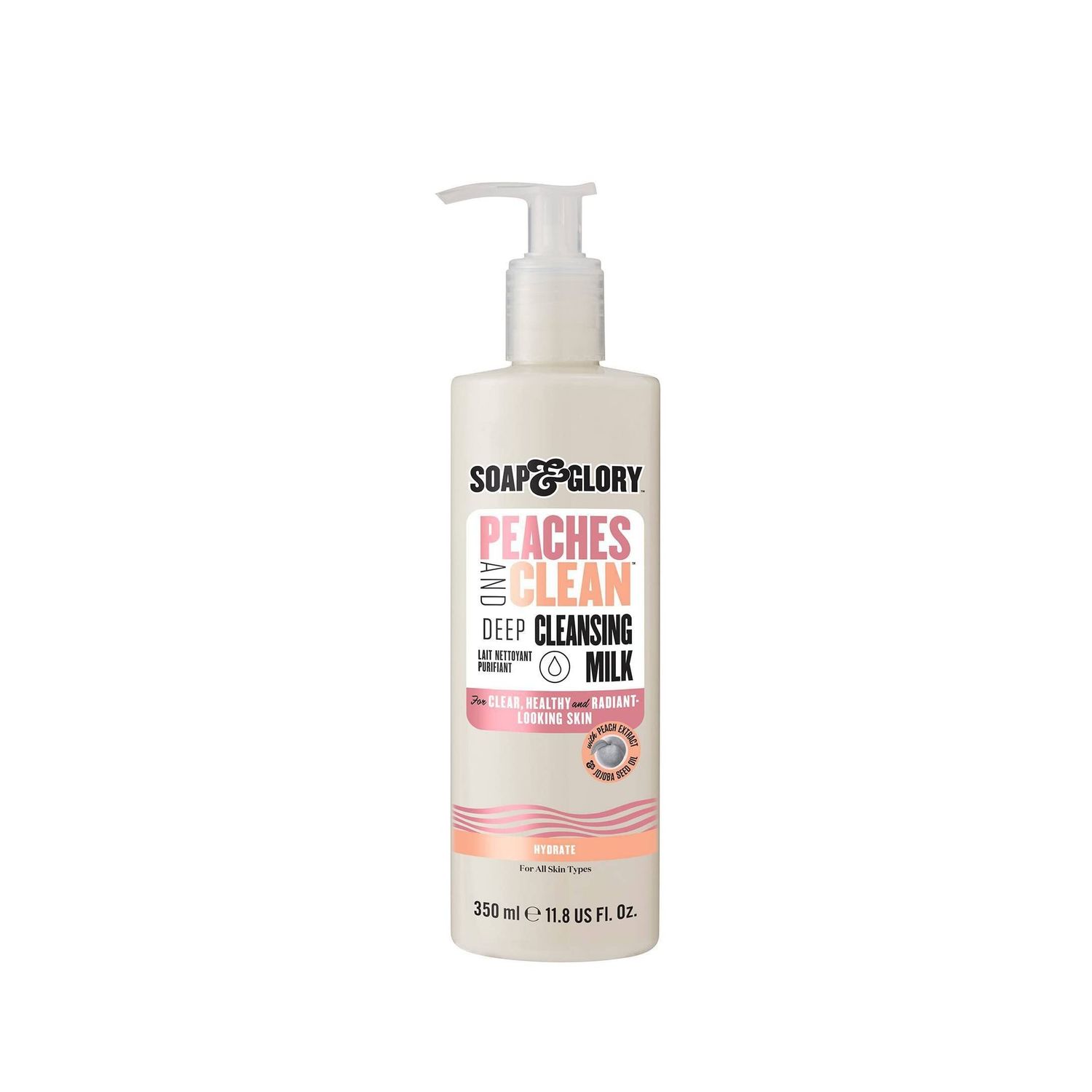 Soap &amp; Glory Peaches &amp; Clean Deep Cleansing Milk - 4 in 1 Milk Cleanser &amp; Makeup Remover with Peach Extract, Ginseng &amp; Jojoba Oil - Hydrating Facial Cleanser for Clarified &amp; Energized Skin (350ml)