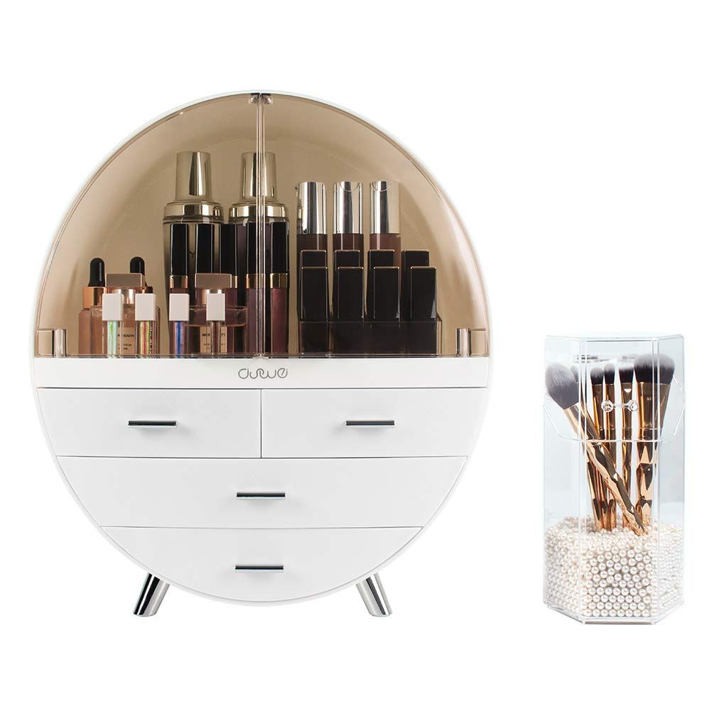 OBMMIRAO Elegant Dustproof Makeup Storage Organizer Box, Waterproof Large Cosmetics Organizer Storage with Drawers Skincare Cosmetic Display Cases for Countertop Bathroom Dresser Dedroom