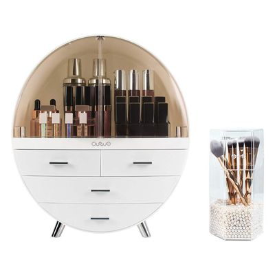 OBMMIRAO Elegant Dustproof Makeup Storage Organizer Box, Waterproof Large Cosmetics Organizer Storage with Drawers Skincare Cosmetic Display Cases for Countertop Bathroom Dresser Dedroom