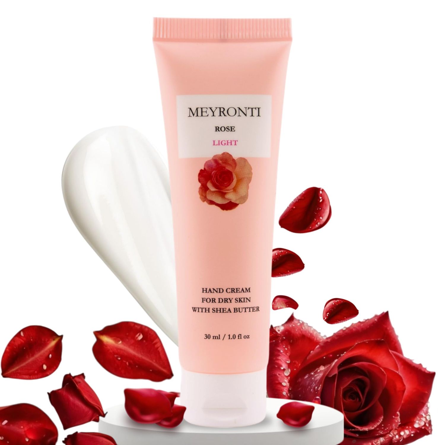 MEYRONTI Rose Scented Hand Cream for Dry Skin - 30 ml / 1.01 Fl Oz - Made in USA - Shea Butter, Rose Oil, Vitamin E Cream for Women - Travel Size/Carry On Bag
