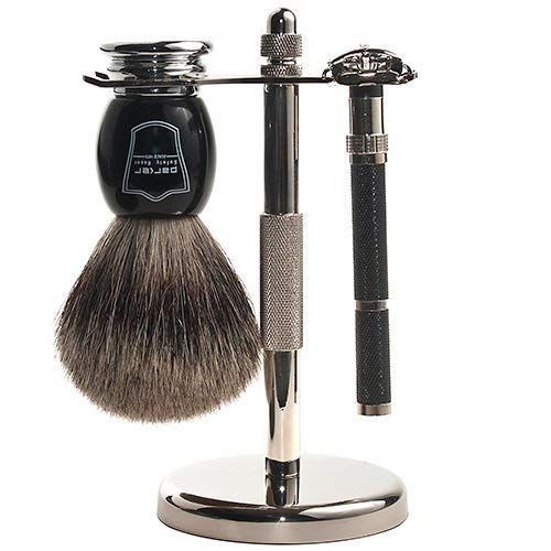 Parker 96R Men's Safety Razor Shave Set - Includes Parker Luxurious 3-Band Pure Badger Shave Brush, Deluxe Chrome Shave Stand &amp; Parker 96R Butterfly Open Safety Razor