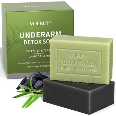 Underarm Detox Soap, 2 Pcs Armpit Detox Soap with Green Tea &amp; Tea Tree, Charcoal &amp; Mint for Eliminating Odor, Exfoliating, Moisturizing , Bar Soap for Legs, Knee, Feet, Hands Whole Body - 10 oz280g