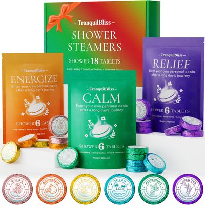 TranquilBliss 18 Pack Shower Steamers with 6 Smoothing Long-Lasting Scents, Shower Bath Bombs with Natural Fragrance, Self-Care and Relaxation Presents for Women and Men