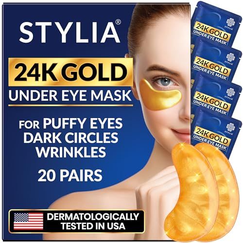 Stylia Under Eye Patches for Puffy Eyes and Dark Circles (20 Pairs), 24k Gold Eye Mask, Eye Mask Skincare, Eye Care for Wrinkles and Puffiness, Collagen Under Eye Masks, Moisturizing Eye Gel Pads