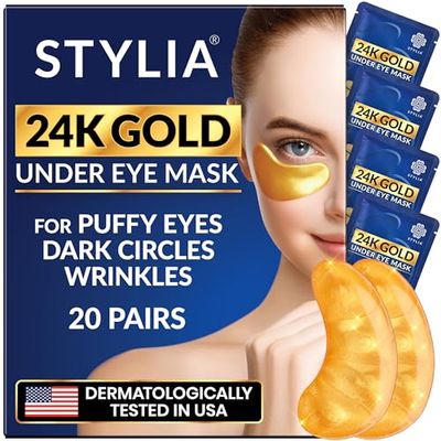 Stylia Under Eye Patches for Puffy Eyes and Dark Circles (20 Pairs), 24k Gold Eye Mask, Eye Mask Skincare, Eye Care for Wrinkles and Puffiness, Collagen Under Eye Masks, Moisturizing Eye Gel Pads
