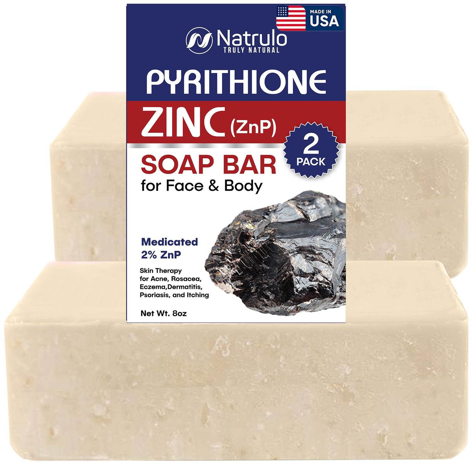 Herblov Pyrithione Zinc Soap Bar for Face &amp; Body, 4oz | Cleanser for Acne, Rosacea, Eczema, Dermatitis, Psoriasis, Itching | Cleansing, Calming Facial Wash | Zinc Soap Bar Made in USA (Pack of 2)