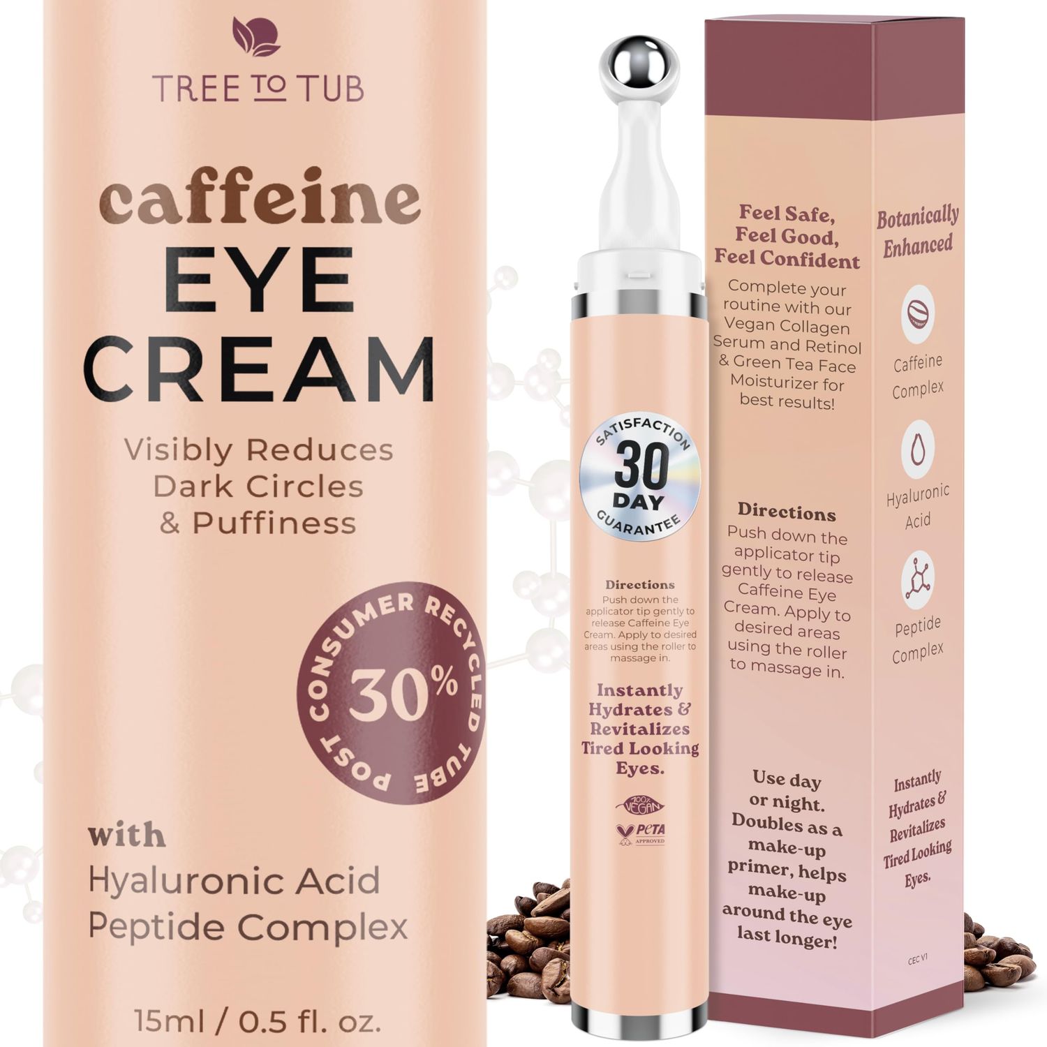 Tree to Tub Caffeine Eye Cream - Hydrating &amp; Firming Under Eye Cream for Dark Circles, Eye Roller for Puffy Eyes, Reduces the Look of Puffiness and Bags, Coffee Eye Cream w/Hyaluronic Acid, Peptides